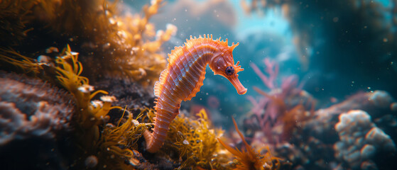 A close up of colorful Seahorse swimming in the ocean