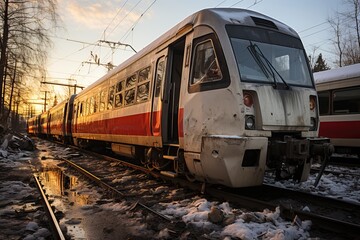 Obraz premium Old abandoned and already rusty train. A missile strike attack on the civilian population during the war.