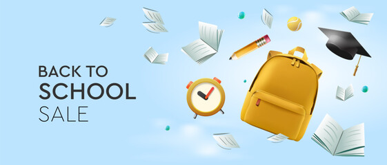 Back to school Sale. Flying books, yellow backpack, alarm clock, graduation cap, pencil on blue clouds background. Advertising vector illustration