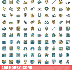 100 hobby icons set. Color line set of hobby vector icons thin line color flat on white
