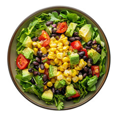 Mexican style salad, with ingredients such as corn, black beans and avocado, on a white background.