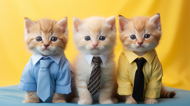 Cute funny different baby cats group dressed as business team