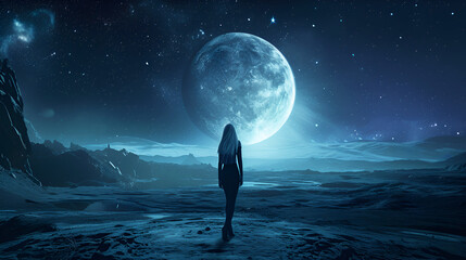 Beautiful android girl standing in the dark space of an alien planet, in the background there is a huge round moon, stars, in a hyper-realistic lifestyle, vibrant landscapes - obrazy, fototapety, plakaty