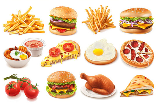 Closeup of fast food set isolated on white background. French fries, pizza, sandwich, chicken nuggets, eggs and bacon.