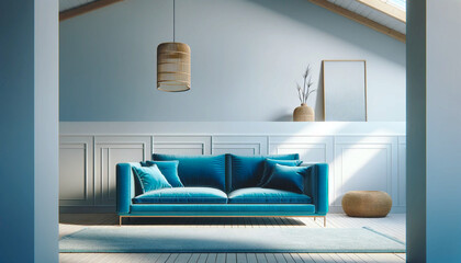 Minimalist modern living room interior with a comfortable blue velvet sofa, natural wood accents, and ample daylight. Scandinavian interior design. Generative AI