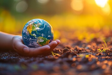 Close-up of a man's hands holding a globe of the earth. Earth Day Concept Save the World save the...