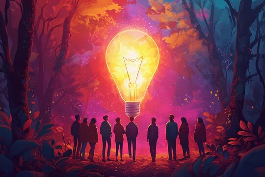 A diverse group gathers outside to admire the illuminating brilliance of a single light bulb, marveling at its power to bring light and inspiration into their world