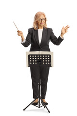 Female conductor performing with a music note stand