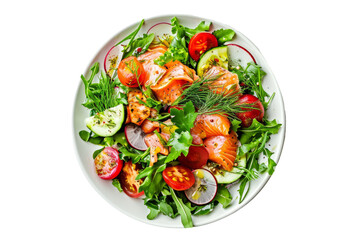 top view of a salad with smoked salmon, dill and pickled vegetables, on a white background.