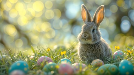 Fototapeta na wymiar Easter Bunny with Colorful Eggs in a Sunlit Grassy Field, Celebrating Springtime Magic