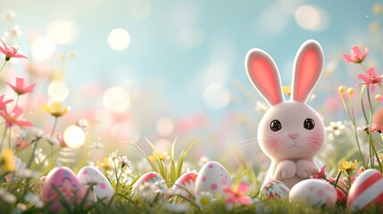 Fototapeta na wymiar Joyful Easter Bunny with Decorated Eggs in a Floral Meadow