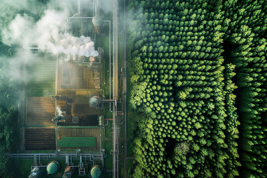 Smoking stacks and vapor from the cooling towers and plants. Decarbonisation technological solution. Sustainable climate