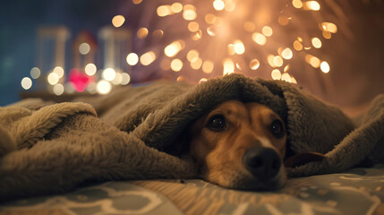 dog hiding under a blanket afraid of fireworks