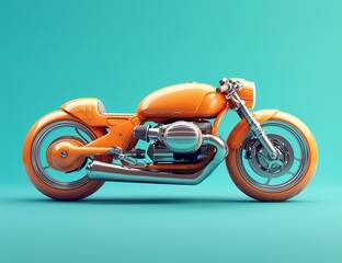 A vibrant orange motorbike stands out against a serene blue backdrop, its sleek design and powerful wheels ready to hit the open road