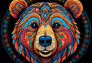 Colorful bear head mandala arts isolated on black background