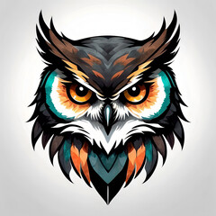 Brightly watercolour painted owl head logo Isolated on a white background 