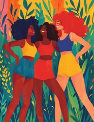 A colorful modern art painting captures a group of diverse women joyfully dancing together, their individual personalities shining through the vibrant brushstrokes and whimsical cartoon-like illustra