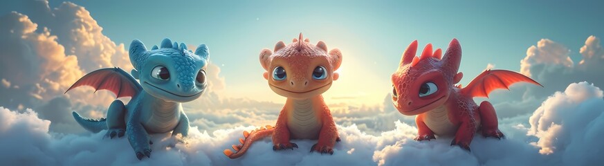 A whimsical animated dragon soars gracefully through the vibrant sky, perched upon a fluffy cloud in a captivating cg artwork that captures the essence of playful anime and charming cartoon style - obrazy, fototapety, plakaty