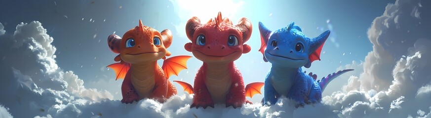 A colorful cast of cartoon dragons take flight through the snowy sky, bringing to life an animated world of toys and anime - obrazy, fototapety, plakaty