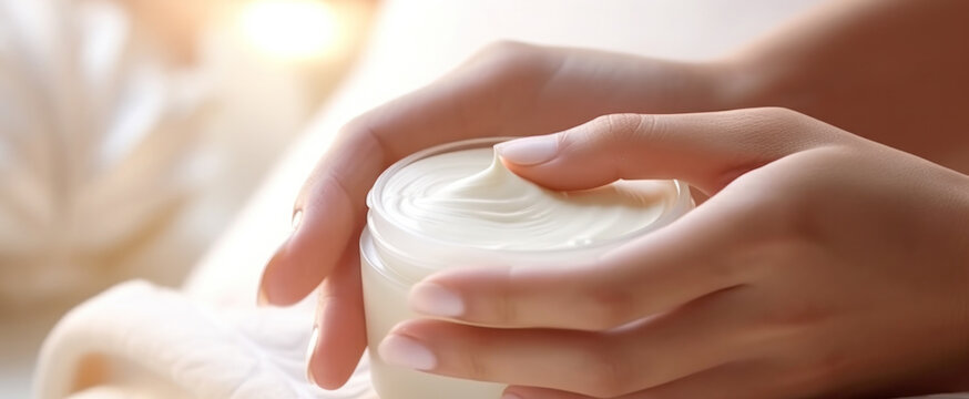 closed up hand and cream jar. Beautiful woman applying skin care cream from white cream jar, Set for spa, skin care and body products and solutions for skin problems such as scars, acne, wrinkles.