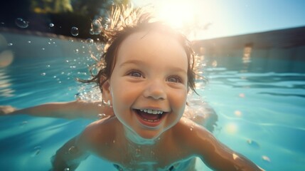 Fototapeta na wymiar Cute smiling baby and mom having fun swimming and diving in the pool at the resort on summer vacation. Activities and sports to happy kid, family, holiday,