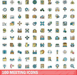 100 meeting icons set. Color line set of meeting vector icons thin line color flat on white