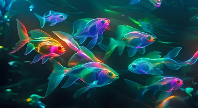 Neon fish on a dark green background. The concept of abstract art and design.