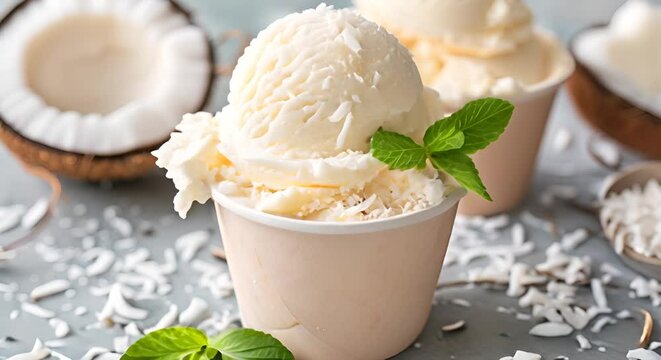 Ice cream with coconut shavings in a paper cup. The concept of desserts and summer refreshment.
