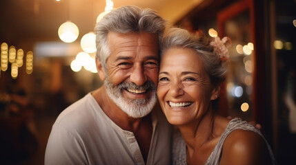 couple senior family smile and happy activity together, cuddling, warm hugs, senior or adult love, married couple, warm family. Husband and wife in love so fun in important days, celebrating. - obrazy, fototapety, plakaty