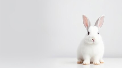 Fototapeta premium cute animal pet rabbit or bunny white color smiling and laughing isolated with copy space for easter background, rabbit, animal, pet, cute, fur, ear, mammal, background, celebration, generate by AI