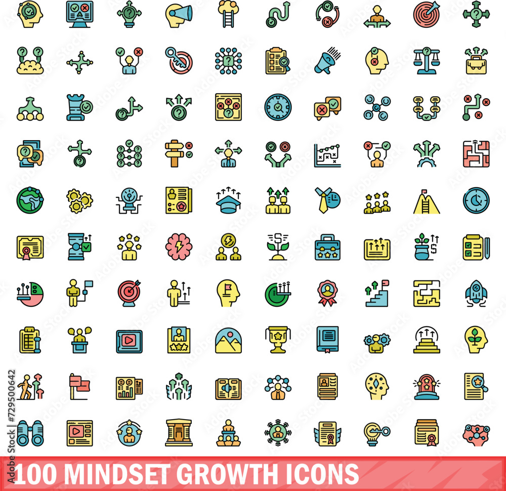 Poster 100 mindset growth icons set. color line set of mindset growth vector icons thin line color flat on  - Posters