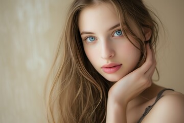 Naklejka premium woman with radiant and fresh skin, photo shoot, beauty model, light background, close-up of face