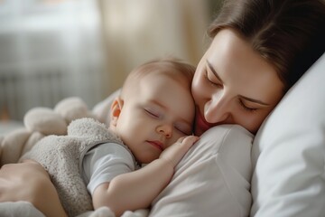 Fototapeta na wymiar Sleeping, love and mother carry baby for bonding, relationship and child development together at home. Family, motherhood and happy mom with newborn for care, dreaming and affection in nursery room