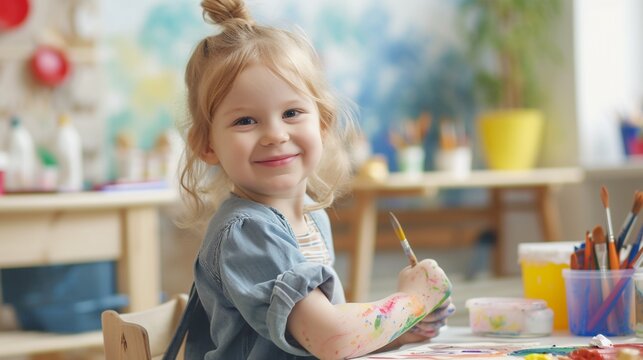 Portrait of cute little girl painting with watercolors at home. AI.