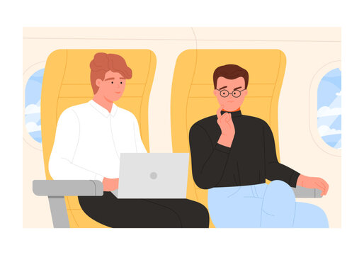 Passengers travelling with plane. Guy using laptop during the flight cartoon vector illustration