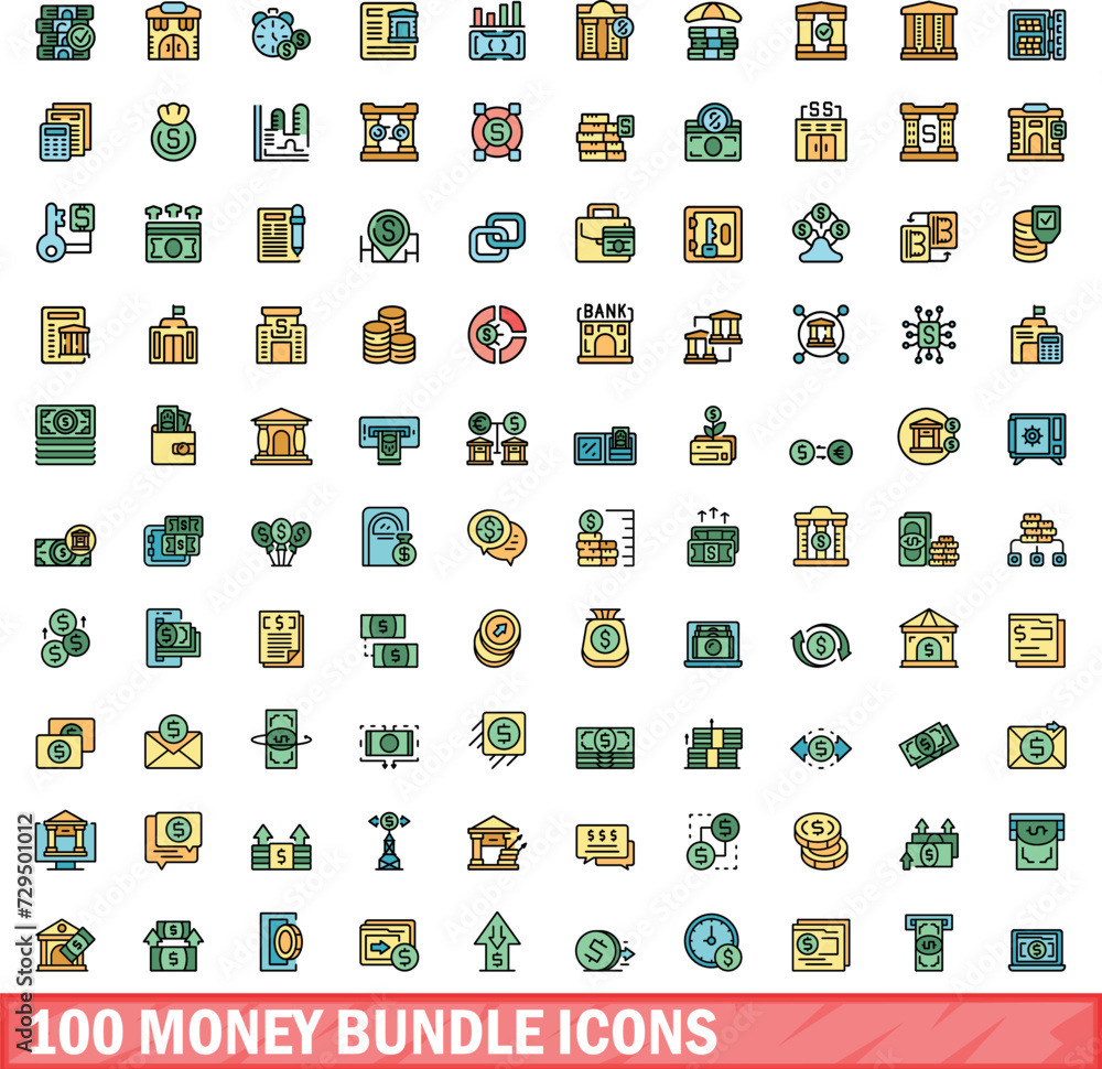 Poster 100 money bundle icons set. color line set of money bundle vector icons thin line color flat on whit