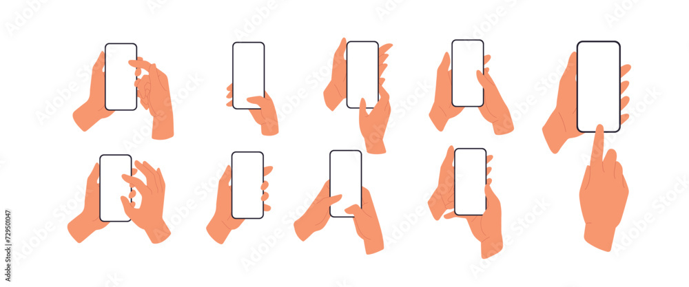 Poster mobile phone screen mockups set. hands hold smartphone. flat vector illustrations isolated on white