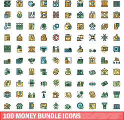 100 money bundle icons set. Color line set of money bundle vector icons thin line color flat on white
