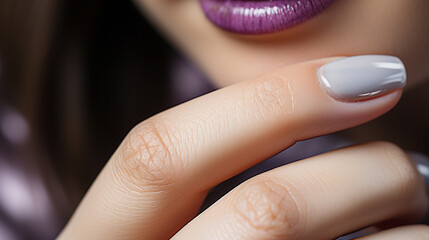 wide manicure banner background image with beautiful fingers of a lady hand with polished purple color nails and smooth skin color 