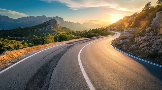 Mountain road at sunset. Beautiful curved roadway.