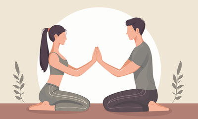 A boy and a girl are meditating together. They sit facing each other and touch each other’s palms (hands). A flat style image, faceless. A vector illustration