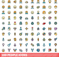 Fototapeta premium 100 people icons set. Color line set of people vector icons thin line color flat on white