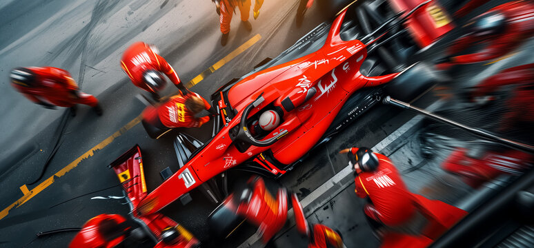 Professional pit crew ready for action as their team's race car arrives in the pit lane during a pitstop of a car race, concept of ultimate teamwork