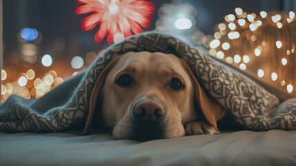 dog hiding under a blanket afraid of fireworks