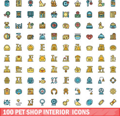 100 pet shop interior icons set. Color line set of pet shop interior vector icons thin line color flat on white