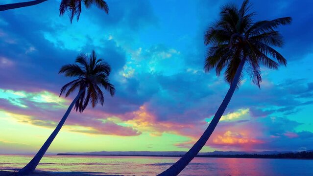 Sunset landscape of a paradise tropical island with palm trees. Orange sunset in blue sky. Palm trees by the sea. Waves hitting the sand on the beach. Sunset over the sea amazing landscape.