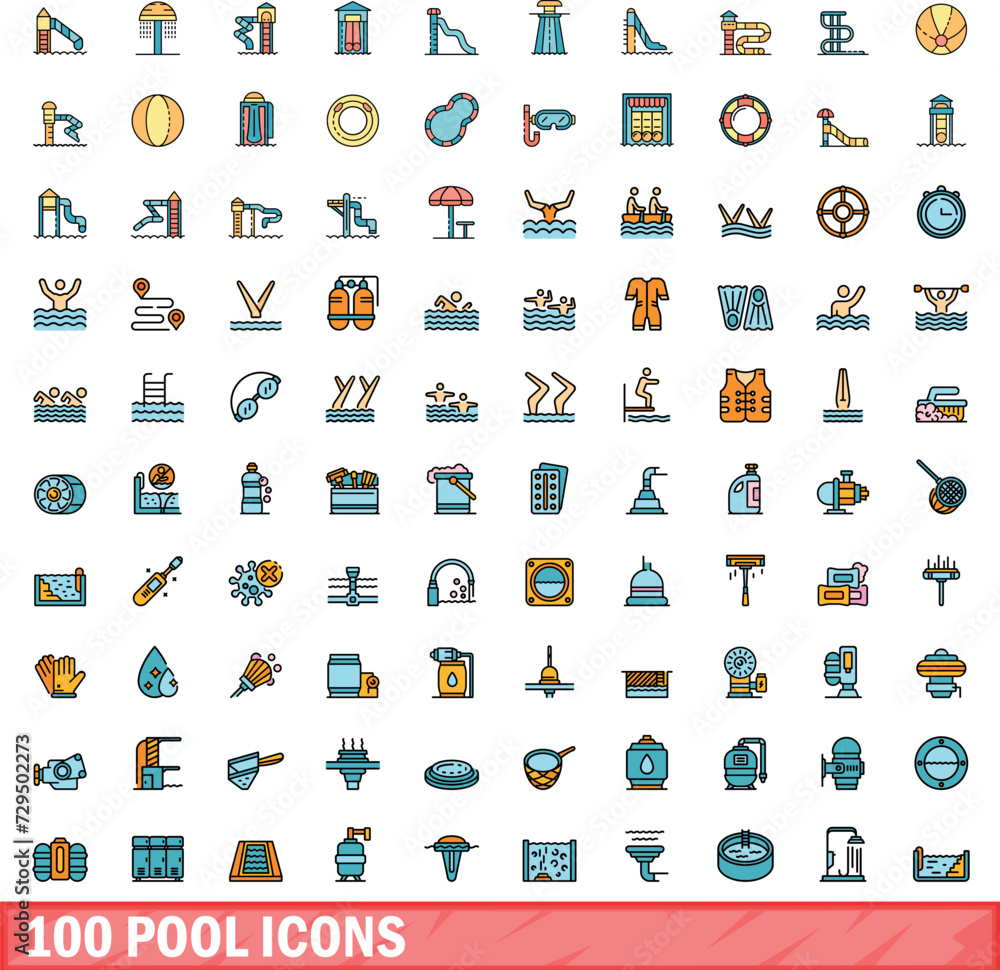 Poster 100 pool icons set. color line set of pool vector icons thin line color flat on white