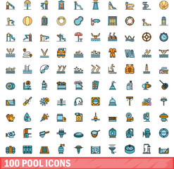 100 pool icons set. Color line set of pool vector icons thin line color flat on white