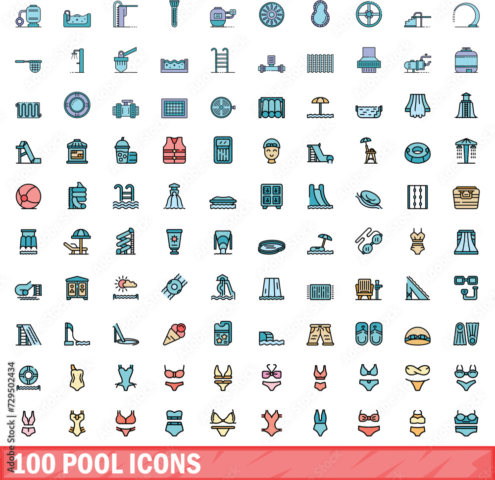 Poster 100 pool icons set. color line set of pool vector icons thin line color flat on white