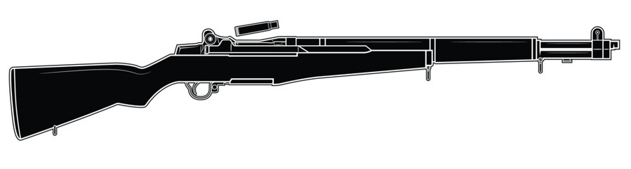 Vector illustration of the M1 Garand rifle with the breech in the rear position and the cartridge case falling out on the white background. Black. Right side.